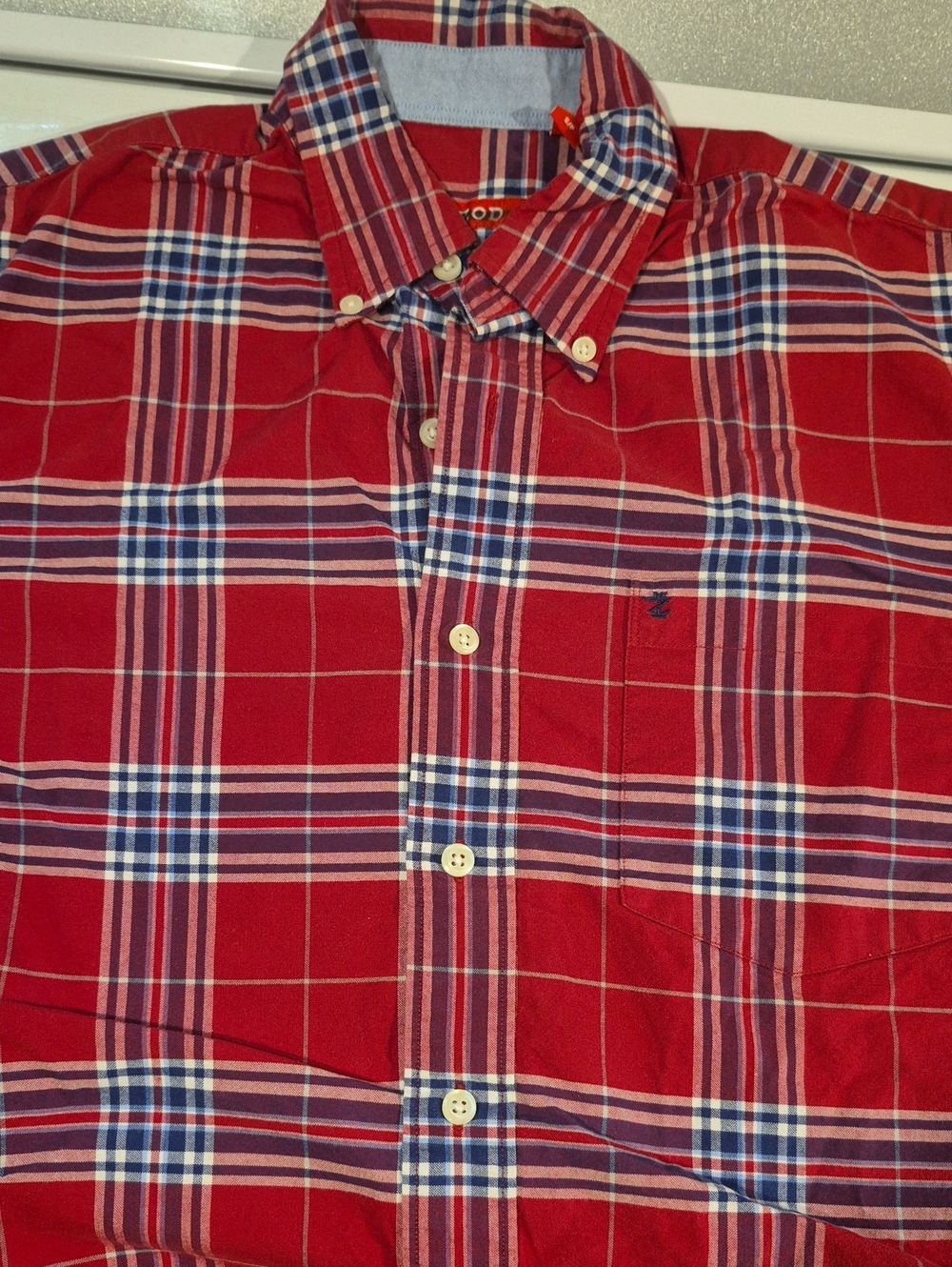 Izod Red Plaid Button-Down Shirt with Blue Accents